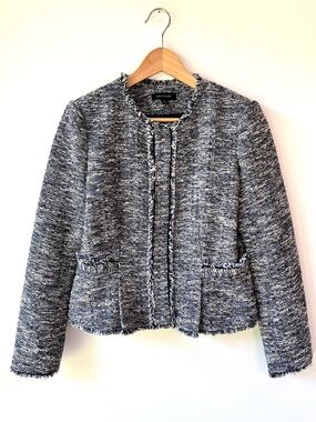 Ann Taylor Blue, Black & White Tweed Boucle Jacket With Raw Fringe Trim NWOT - 6